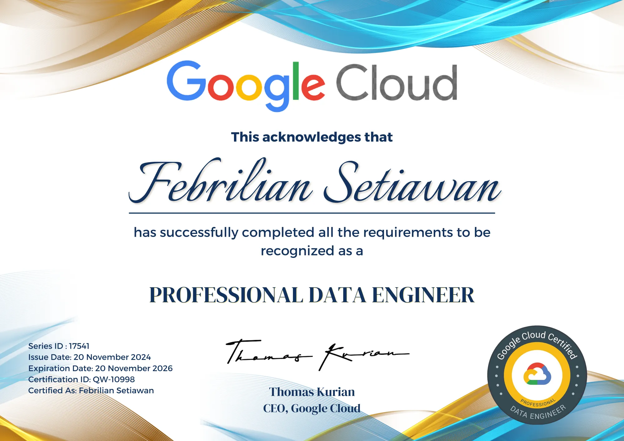Google Cloud Skills Boost recognition for Febrilian Setiawan as a Professional Data Engineer